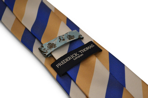 white, yellow gold and blue striped design tie