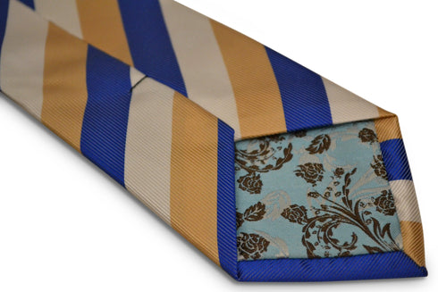 white, yellow gold and blue striped design tie