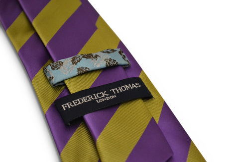 gold mustard yellow and purple barber striped design tie