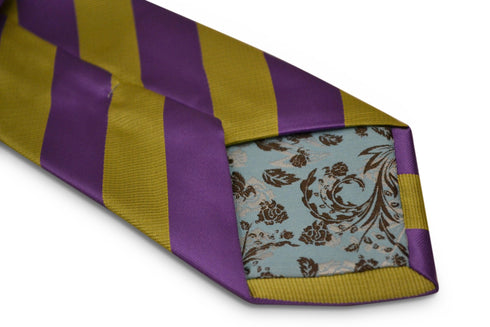 gold mustard yellow and purple barber striped design tie