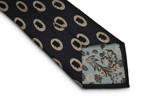 navy tie with quintessentially British top hat silhouette design