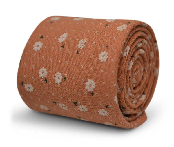 dark blush coral pink with white floral design cotton tie