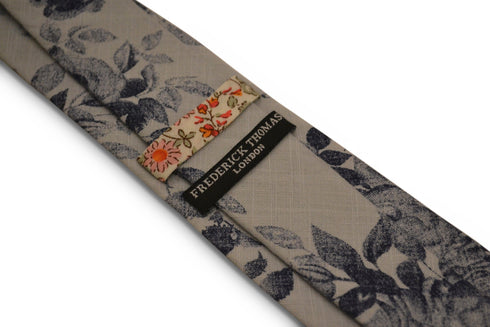pale grey with navy blue floral stencil design cotton tie