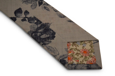 pale grey with navy blue floral stencil design cotton tie