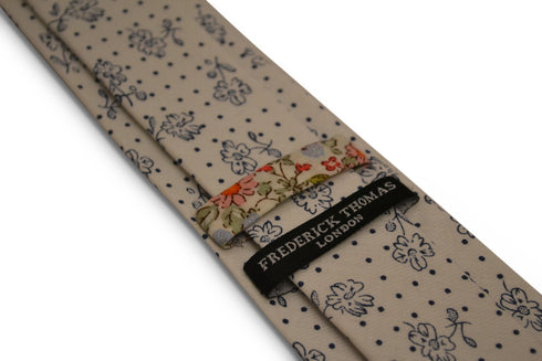 ivory white with navy blue floral design cotton tie