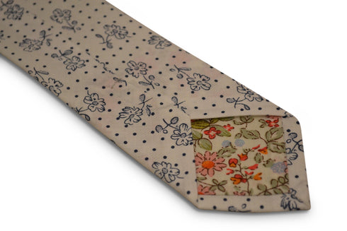 ivory white with navy blue floral design cotton tie