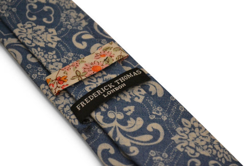denim medium blue with white damask floral design cotton tie
