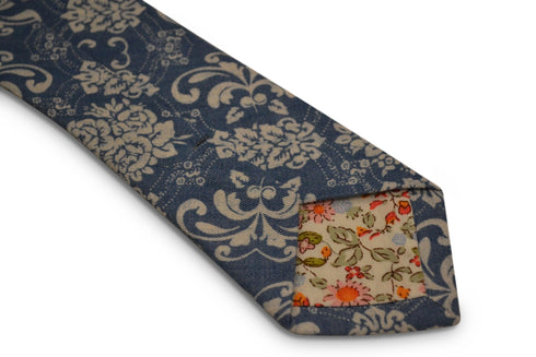 denim medium blue with white damask floral design cotton tie