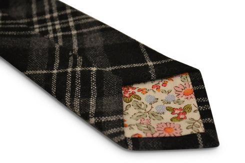 black and white check slim wool tie