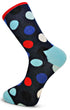 blue mens socks with multicoloured spots and light blue heel