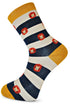white and blue striped mens socks with lion face design
