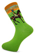 green mens socks with race horse and jockey design