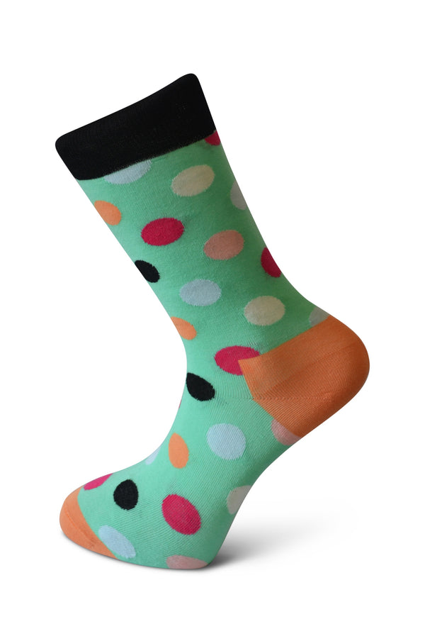 mint green men's socks with pink polka spots