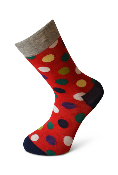 red men's socks with multicoloured polka spots