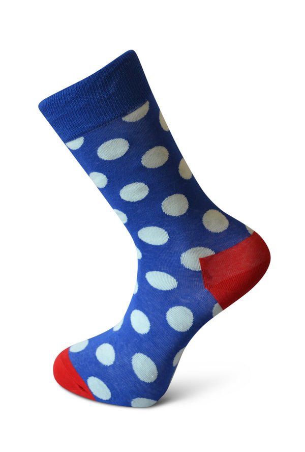 royal blue men's socks with white polka spots