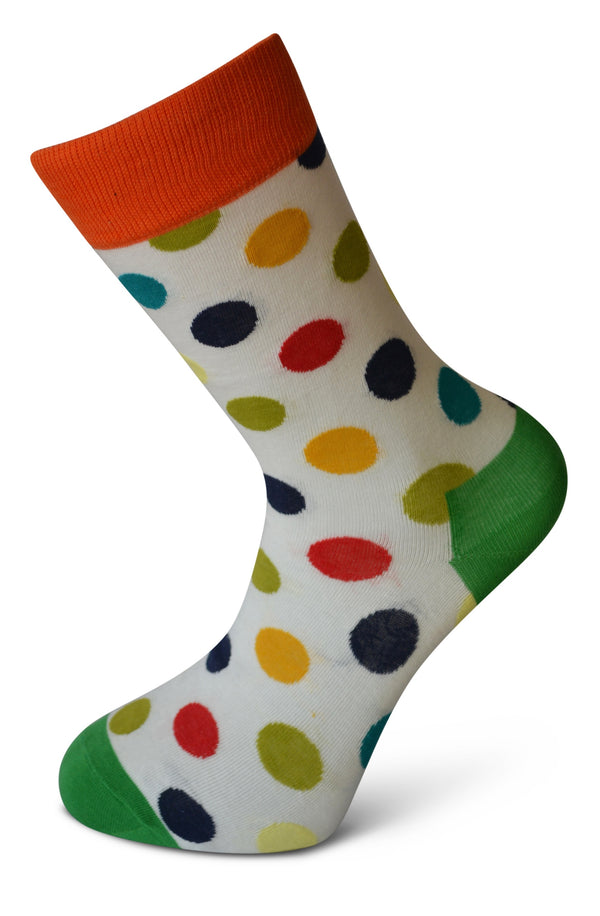 white multicoloured polka spot men's socks