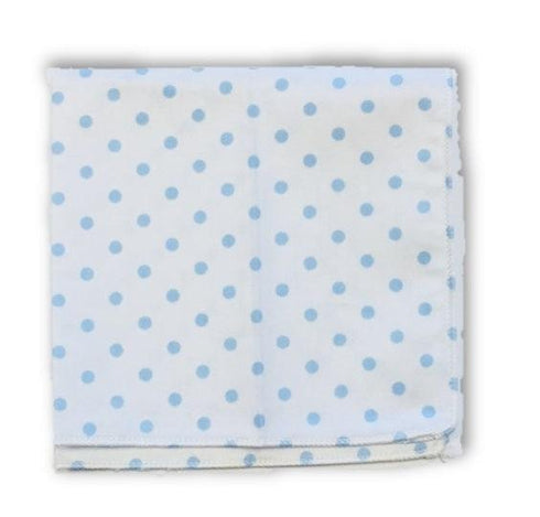 white cotton pocket square with pale light blue polka spot design