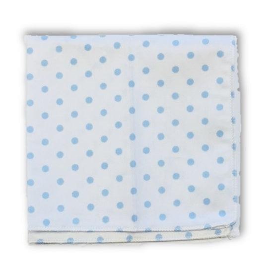 white cotton pocket square with pale light blue polka spot design
