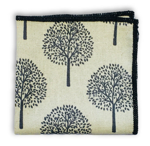 Cream Linen Pocket Square with Silver Tree Print Design