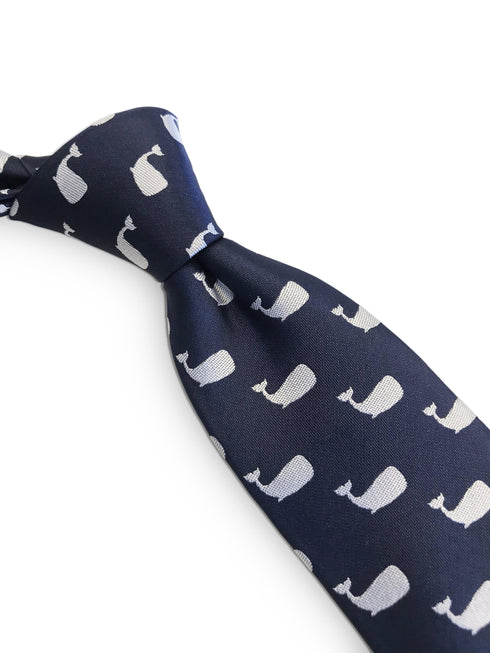 navy blue tie with whale print design