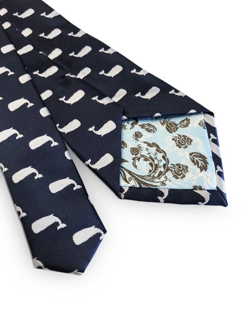 navy blue tie with whale print design