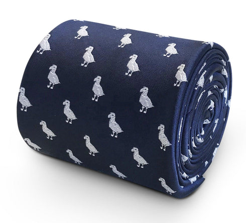 navy blue tie with dodo bird print design