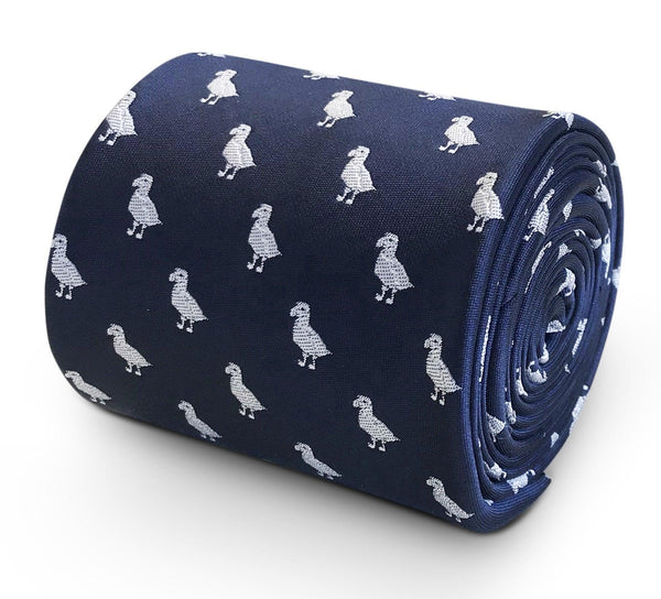 navy blue tie with dodo bird print design