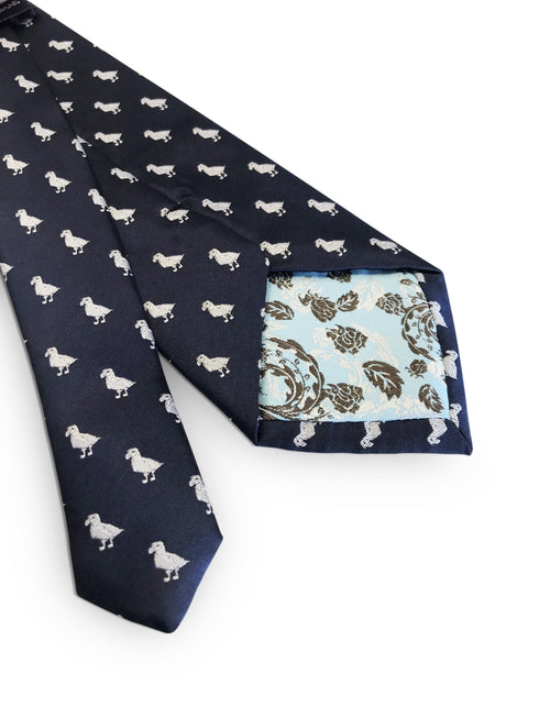 navy blue tie with dodo bird print design