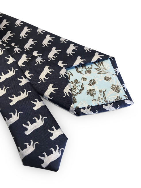 navy blue tie with tiger print design