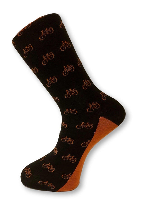 black mens socks with orange bicycle design