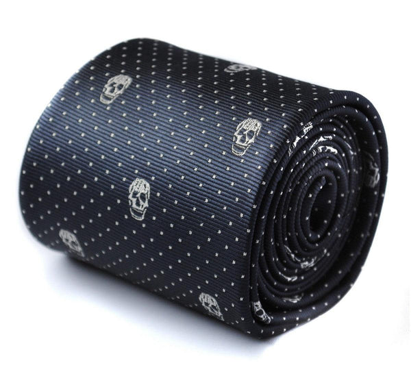 navy blue tie with embroidered white  skulls design