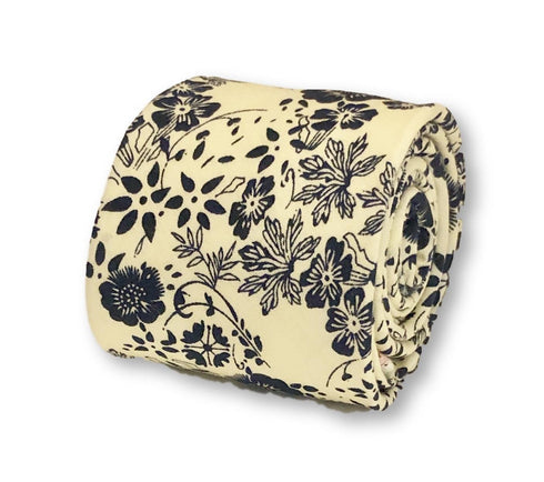 off white cream with blue floral chintz design cotton tie