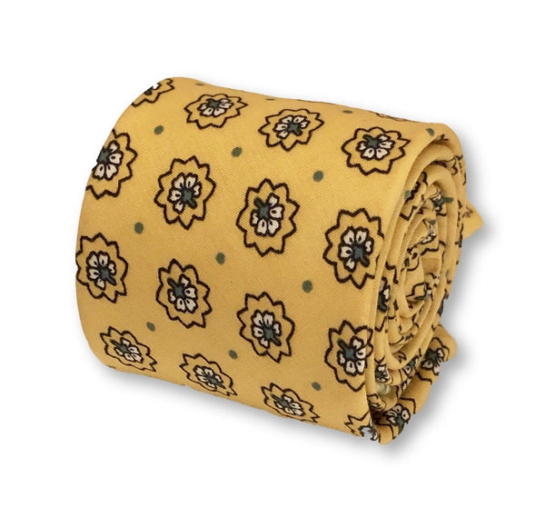 yellow gold mustard with dark blue floral print design cotton tie