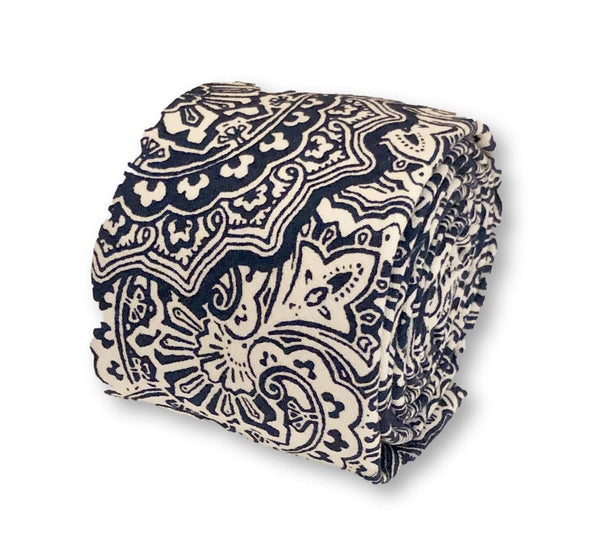 off white cream with dark navy blue geometric paisley mandala design cotton tie