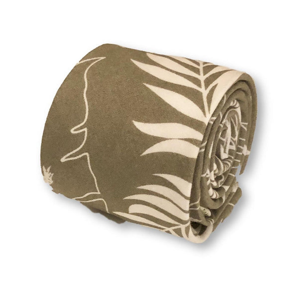 khaki green with nature palm leaf design cotton tie