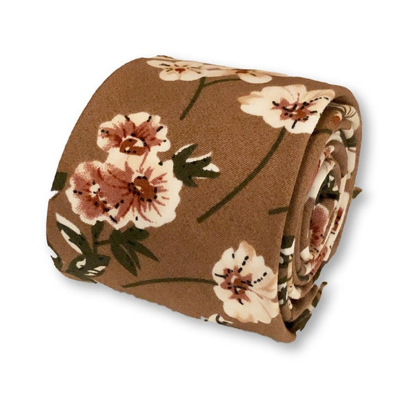 coffee brown with blush pink floral design cotton tie