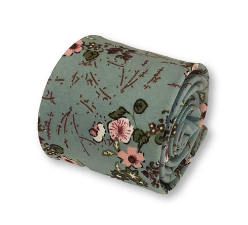 duck egg blue with pink floral design cotton tie