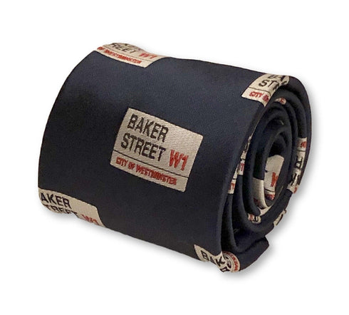 navy blue tie with sherlock holmes baker street print design