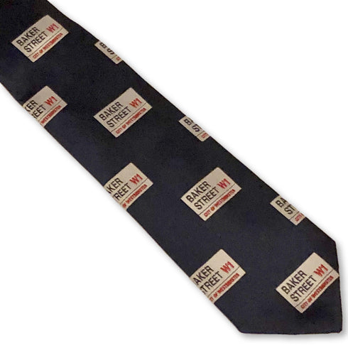 navy blue tie with sherlock holmes baker street print design