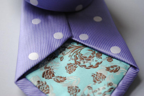 lavender purple tie with white polka dots