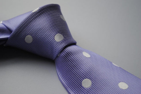 lavender purple tie with white polka dots