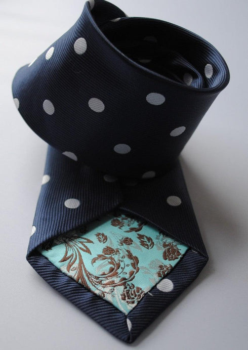 navy blue tie with white polka dots