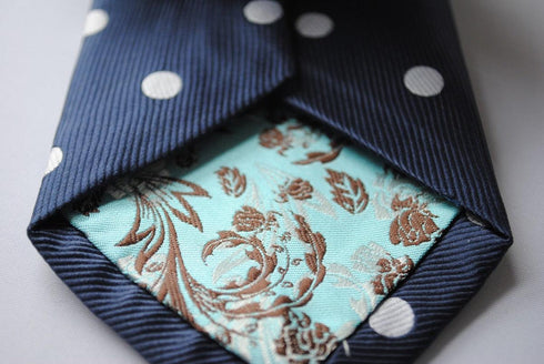navy blue tie with white polka dots