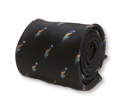 navy blue tie with blue macaw parrot print design