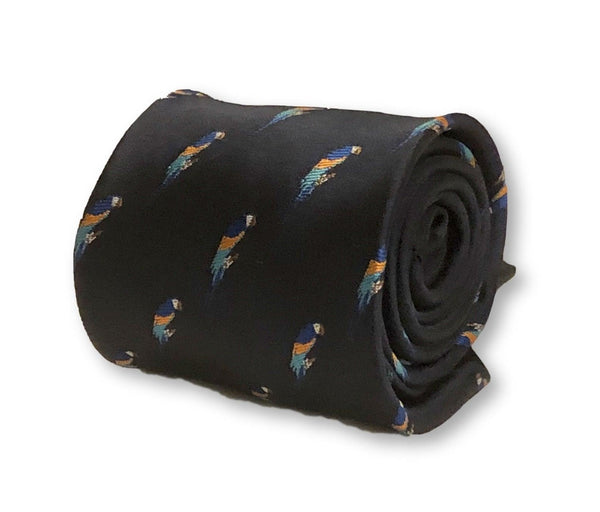 navy blue tie with blue macaw parrot print design