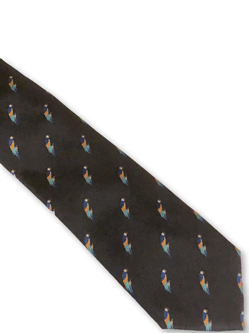 navy blue tie with blue macaw parrot print design