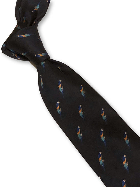 navy blue tie with blue macaw parrot print design