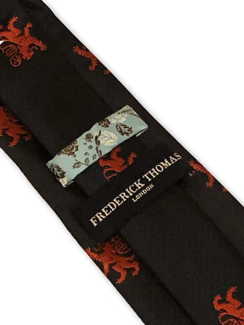 navy blue tie with red scottish lion print design