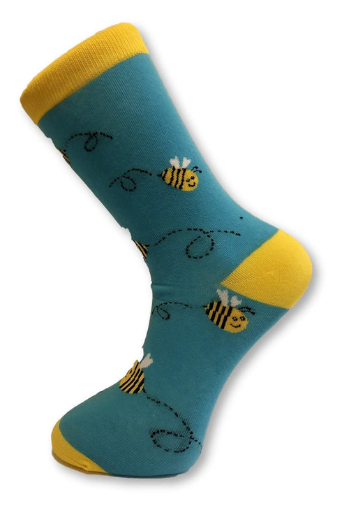 light blue and yellow with bumblebee design men's socks