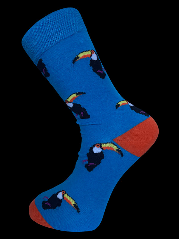bright electric blue with toucan design men's socks